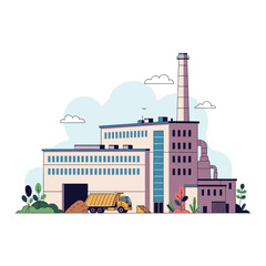 Naklejka premium Industrial factory building complex with tall smoke stack and dumper truck unloading materials in a clean vector illustration.