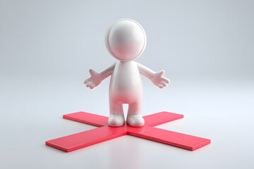 Abstract white humanoid character standing triumphantly over a large red circular platform or button representing leadership and decision making in a corporate environment