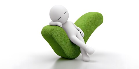Relaxed three dimensional white humanoid character leaning casually and resting one arm on an invisible object portraying confidence and ease in a business context