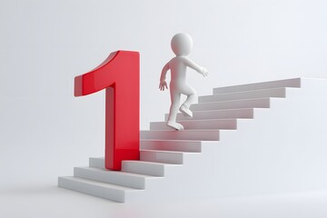 Abstract three dimensional white humanoid character confidently stepping upward on a staircase representing business growth career development and future success on a clean background