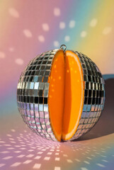 Surreal Disco Orange: Sliced Citrus Mirror Ball with Retro Rainbow Lighting