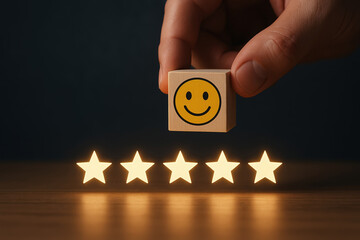 Hand holding a wooden block with a smiling face above five glowing stars, symbolizing customer satisfaction, positive feedback, and high-quality service