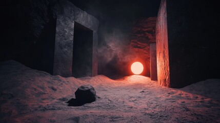 A mysterious cave with a glowing orange light at its center.