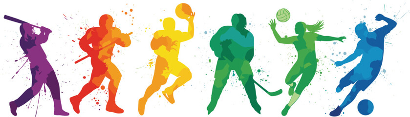 Colorful sports silhouettes illustration featuring dynamic athletes in action poses, modern paint splash design for fitness, competition and branding projects © Mahadi's World