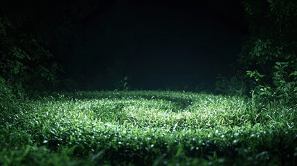 A winding path of grass leads to a dark, mysterious area.