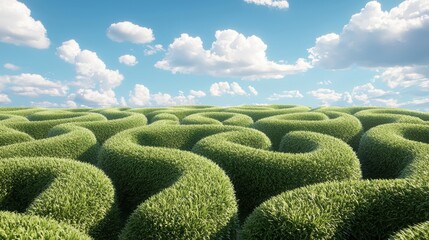 A lush, verdant field of tall, green bushes arranged in a winding pattern, set against a clear blue sky with fluffy white clouds.