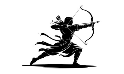 Fototapeta premium Lord Rama archer silhouette holding bow and arrow, Hindu warrior god Rama illustration, spiritual mythology hero vector, Dussehra and Ram Navami festival design element, black warrior figure isolated 