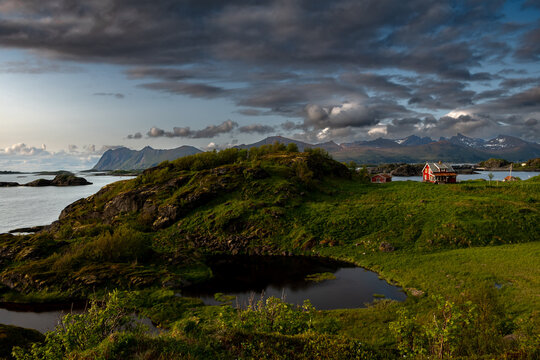 Coastal Landscape With Old Nickel Mine And Red Cottage On Senja Island At Vesteralen In Norway