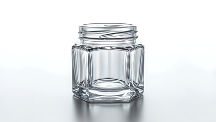 A clear, faceted glass jar with a threaded opening, resting on a reflective surface, against a plain white background