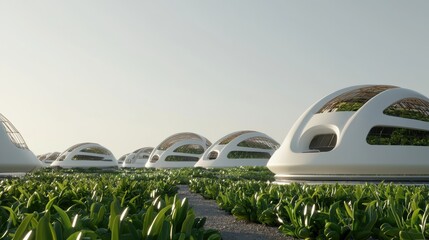 A futuristic cityscape with white domed buildings and green vegetation.