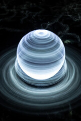 Futuristic Light Painting: Glowing Energy Sphere with Concentric Neon Rings in Darkness