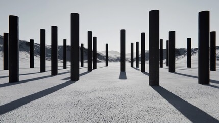 A desolate landscape with a series of black poles in the foreground.