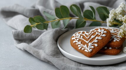 A plate of cookies with white icing and a leafy green stem. The cookies are arranged in the shape of hearts