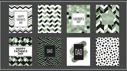 Collection of eight unique black white and green patterned cards or invitations
