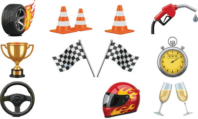 Professional car racing icons set with checkered flags trophy helmet flaming tire stopwatch and fuel pump for motor sports.