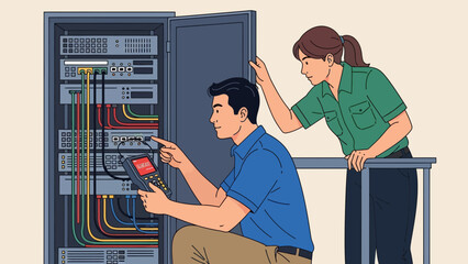 Two technicians working on server with cables and testing equipment