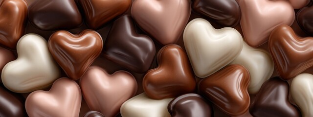 A bunch of chocolate hearts are piled on top of each other. The hearts are of different colors, including brown, white, and pink. Concept of warmth and sweetness