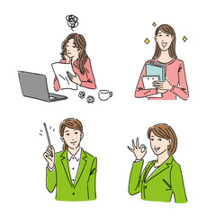 ビジネスで使える女性のイラスト 説明する 悩む 解決する