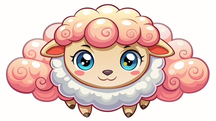 Fototapeta premium Very beautiful close-up illustration of a fluffy lamb shaped like a cloud, featuring a round face, tiny nose, sleepy joyful eyes, soft pastel tones, and a gentle cartoon vector style on white.