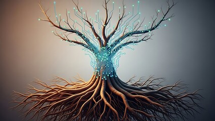 Ethereal Digital Tree A Symbiotic Vision of Organic Roots and Interconnected Neural Pathways, Symbolizing Growth and Evolving Intelligence