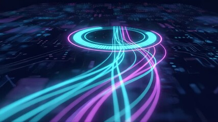 Data Streams Flowing on a Circuit Board in Abstract Neon Colors - Powered by Adobe