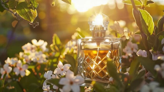 A vintage perfume bottle with a clear body and an ornate stopper is surrounded by vibrant flowers and greenery. The sunlight creates a warm glow on the scene.