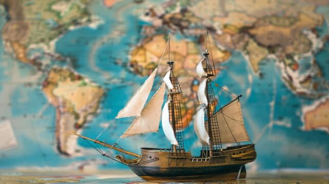 An old-fashioned sailing ship superimposed on a world map .