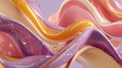 Flowing, abstract composition in vibrant pastel hues, showcasing a dynamic interplay of smooth, glossy textures and gold glitter accents