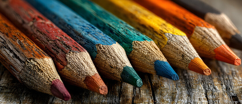 Colored pencils arranged in vibrant order on a rustic table, creating a visually appealing scene with ample copy space for creative projects - Powered by Adobe