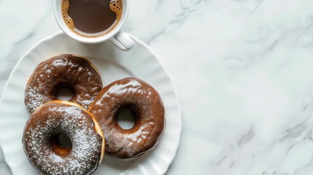 Six round chocolate donuts with a hole in the center are glazed and sprinkled with white powdered sugar. They sit on a paper doily placed on a marble countertop.