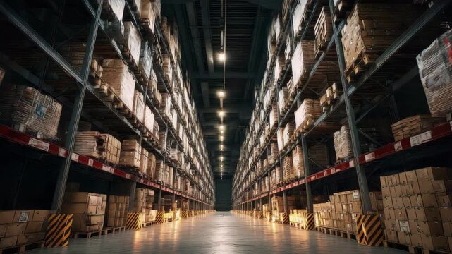 Vast warehouse interior with towering shelves filled with boxes and pallets stretching into the distance