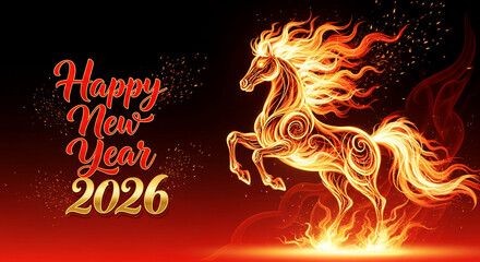 Stylized image featuring a fiery horse and "Happy New Year 2026" text, a festive design symbolizing energy, good fortune for a new year celebration