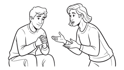 Vector line art illustration of a young romantic couple talking together, featuring a man listening to a woman gesturing during a deep conversation, ideal for Valentine and relationship themes