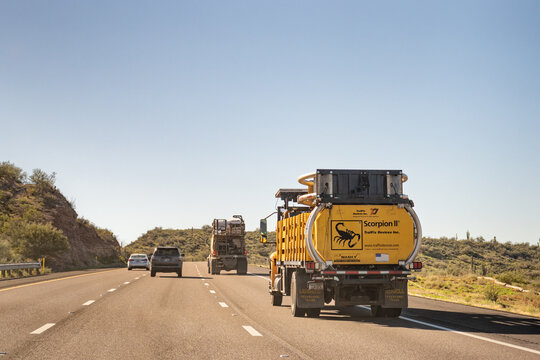 Black Canyon City, AZ - Nov. 25, 2025: The Scorpion II TMA from TrafFix Devices is the world's first MASH Tested, Passed, and Eligible Truck Mounted Attenuator.