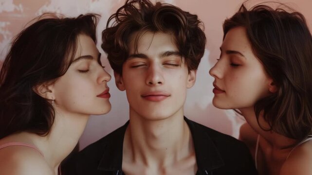 Four young adults enjoying a lighthearted moment together, with two women kissing the cheeks of a man who is closing his eyes and smiling.
