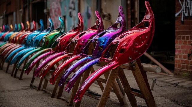 Medium shot of anodized aluminum automotive components drying on a conveyor belt showcasing vibrant corrosionresistant finishes