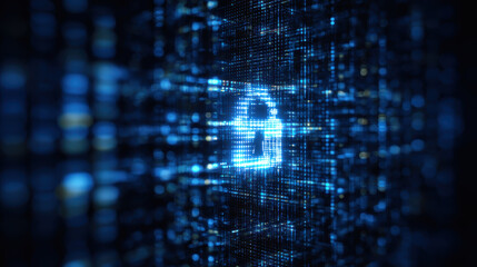 Cybersecurity data protection digital lock network security firewall encryption technology blue abstract security background with glowing blue