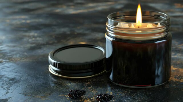 Close-up of a candle with a lit wick inside an empty mason jar, resting on a rough stone surface. The jar has a dark interior and is illuminated from within by the warm glow of the flame.