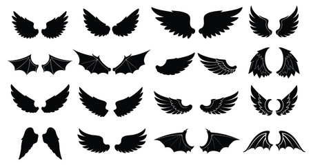 A collection of black wing silhouettes in various shapes and sizes