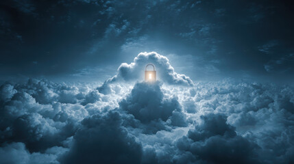 Cloud security lock concept secure hybrid cloud protection glowing padlock cyber defense data privacy digital safety blue sky mystic atmosphere