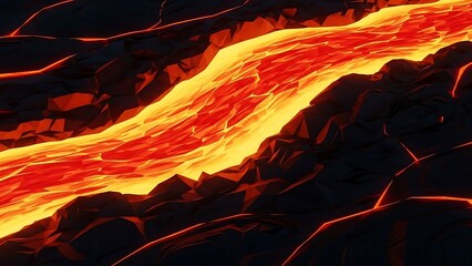 Vivid Flow of Molten Lava in a Dark, Rugged Landscape