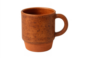 Handmade rustic brown clay pottery mug on transparent