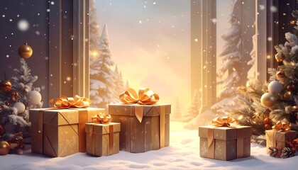 Presents with golden bows sit on a snowy ground in front of a frosted window. Beyond are snowy evergreens in a winter scene