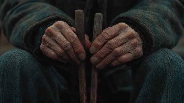 This is an of a person whose hands are showing signs of age and wear from manual labor. They are holding two wooden tools in their lap. The attire suggests a historical or rustic setting.