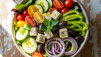 fresh healthy mediterranean salad bowl on a wooden table