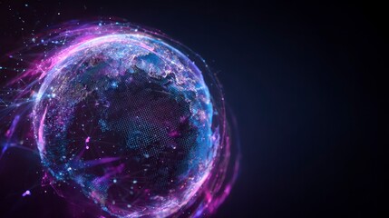 Glowing digital representation of Earth, showcasing networks and connections. Illuminated globe against a dark background, representing globalization