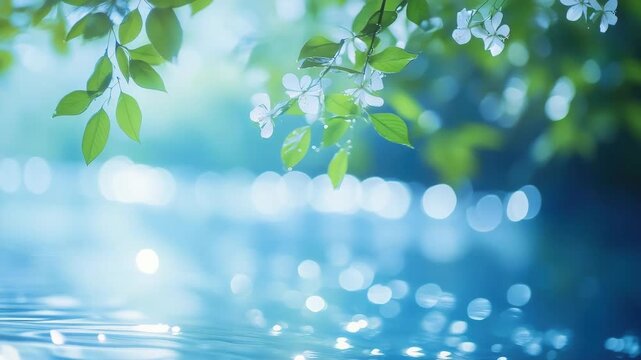 A serene river scene with blurred nature elements in the foreground.