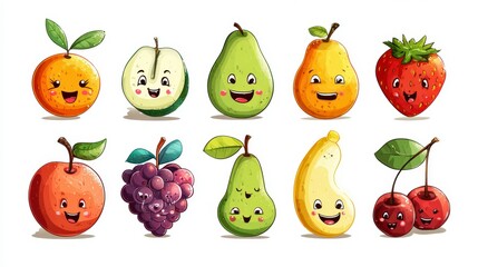Delightful collection of animated fruits, each with a cheerful expression and vibrant colors