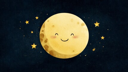 A whimsical depiction of a smiling, anthropomorphic moon, surrounded by twinkling yellow stars against a dark blue, textured night sky