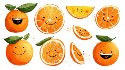 Whimsical illustrations depict multiple orange citrus fruits, halved and sliced, with cheerful facial expressions and green leafy accents